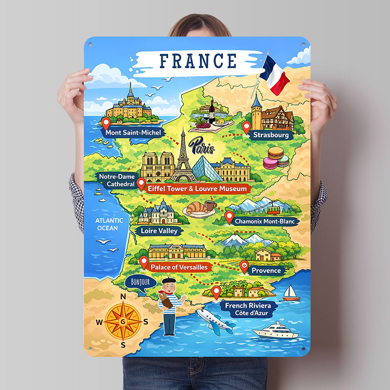 Retro Gaming France - لوحة معدنية كرتونية لخريطة فرنسا، فن